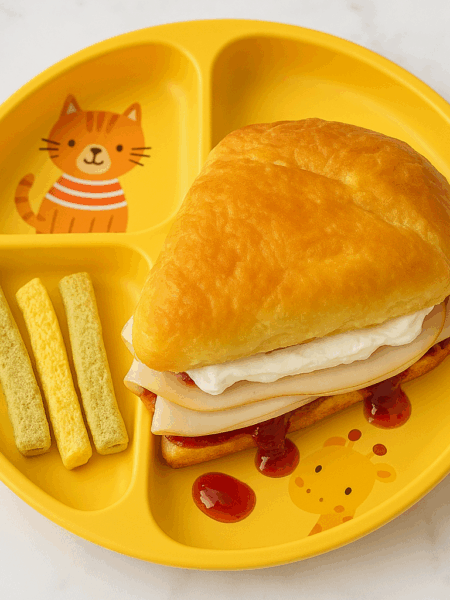 Turkey, jelly, and cream cheese are layered to make the easiest and best toddler lunch,