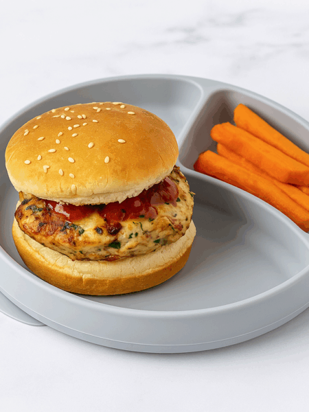 chicken teriyaki burger for toddlers, here plated with sweet potato fries.