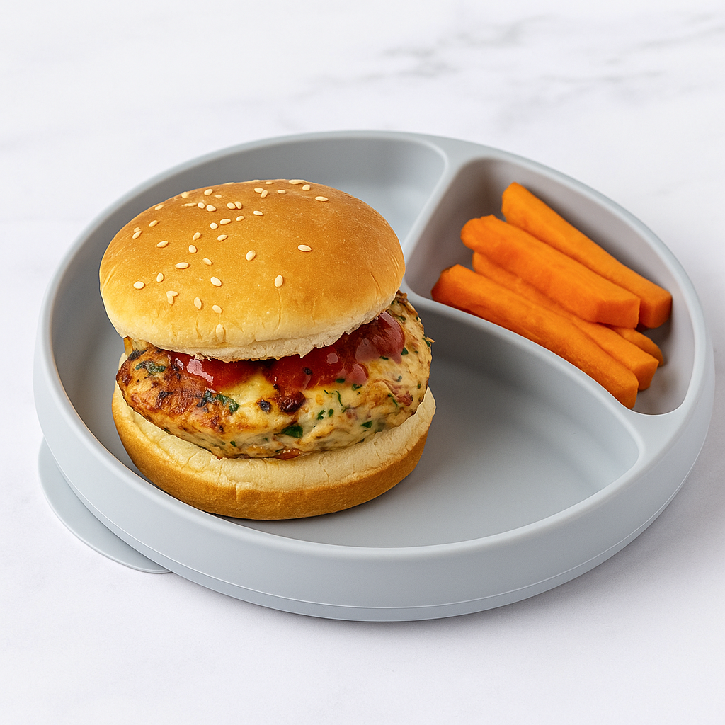 chicken teriyaki burger for toddlers, here plated with sweet potato fries.