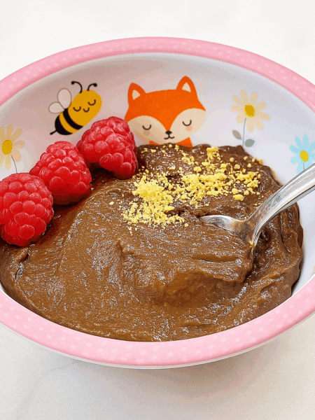 A healthy chocolate pudding is shown topped with raspberries and graham cracker crumbs.