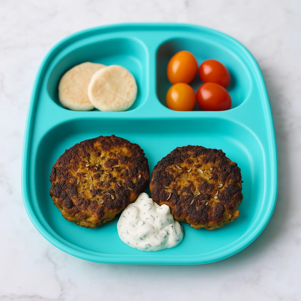 Kabobs for toddlers, here presented as two discs of potato and onion-stuffed ground beef patties (kotlet)
