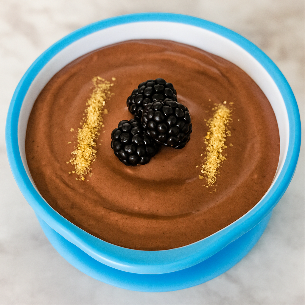 A chocolate peanut butter pudding for toddlers contains tofu and is topped with blackberries and graham cracker crumbs.