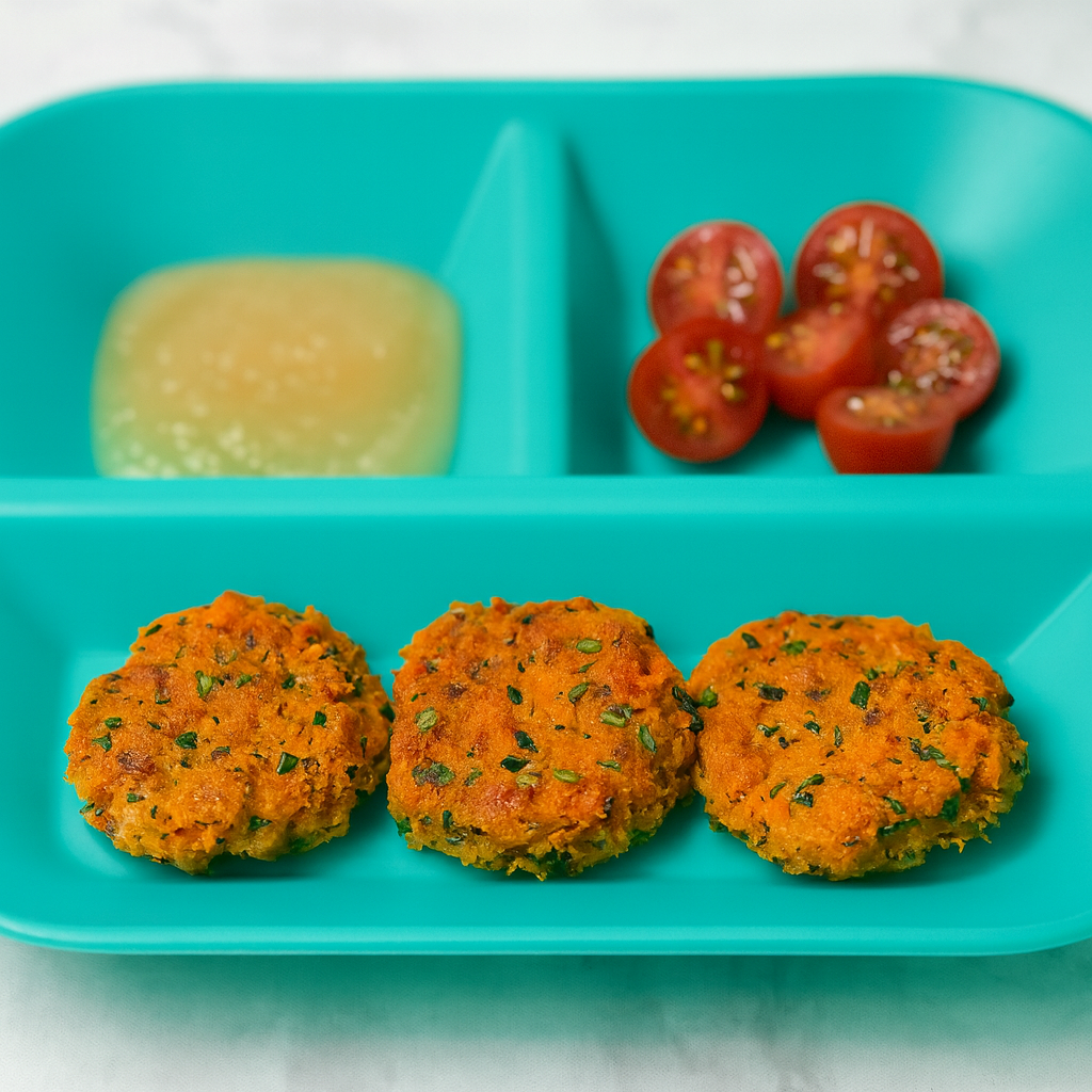 A plate shows a trio of salmon and sweet potato cakes, along with applesauce and grapes.
