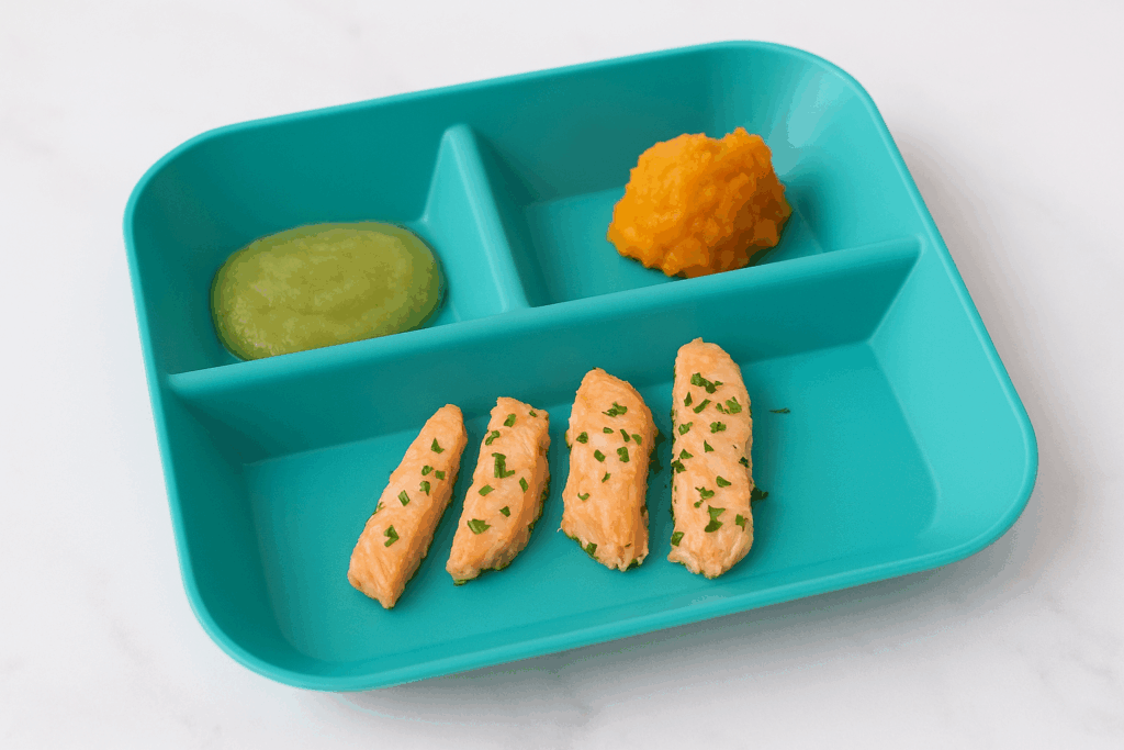 How to introduce salmon to infants: thin slices of softly cooked salmon line a plate that also includes applesauce and sweet potatoes.