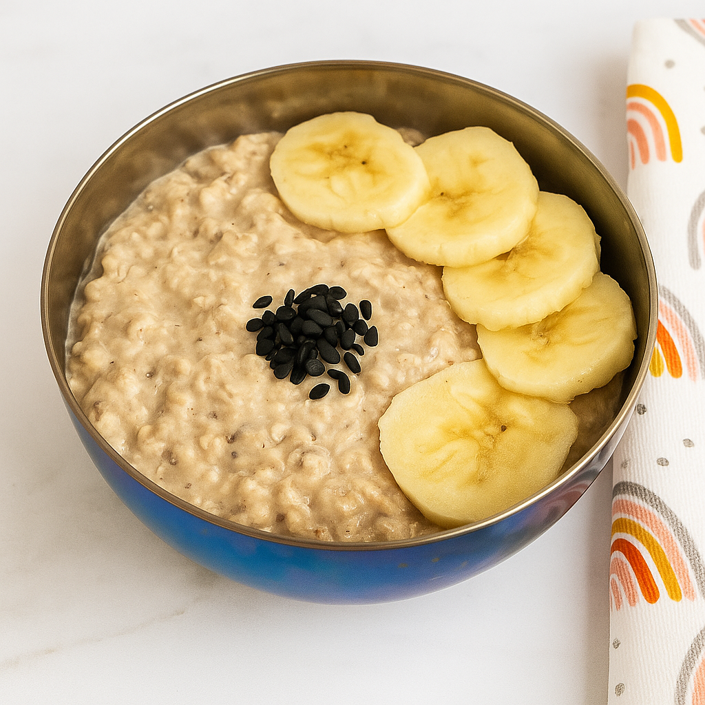 A bowl of toddler overnight oats, studded with banana slices and black sesame seeds.