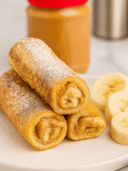 French toast roll-ups for toddlers, here filled with bananas and peanut butter