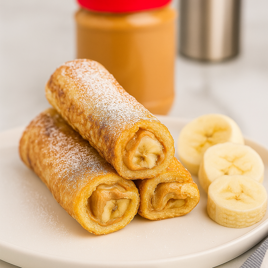 French toast roll-ups for toddlers, here filled with bananas and peanut butter