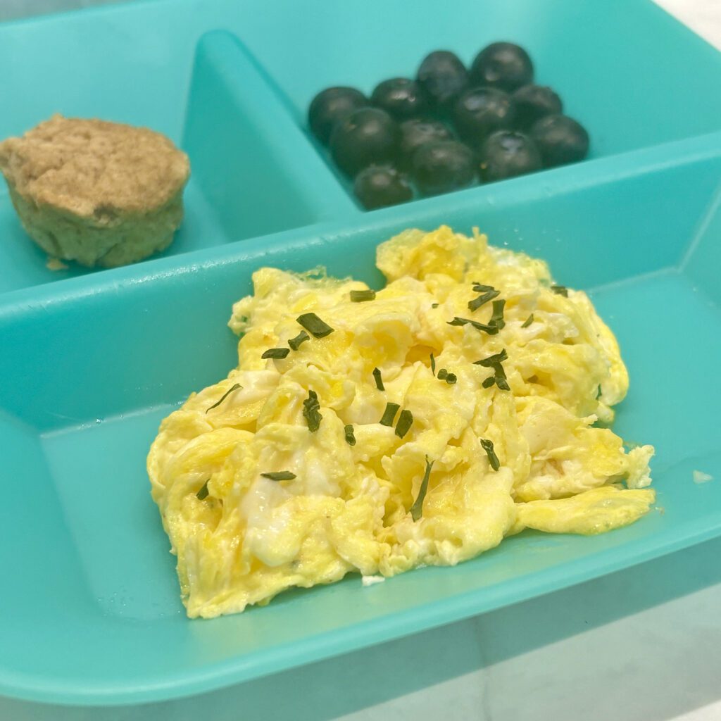 Scrambled eggs foreground a breakfast plate that also contains a muffin and blueberris.