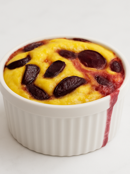 A breakfast souffle studded with cherries is shown in a ramekin.