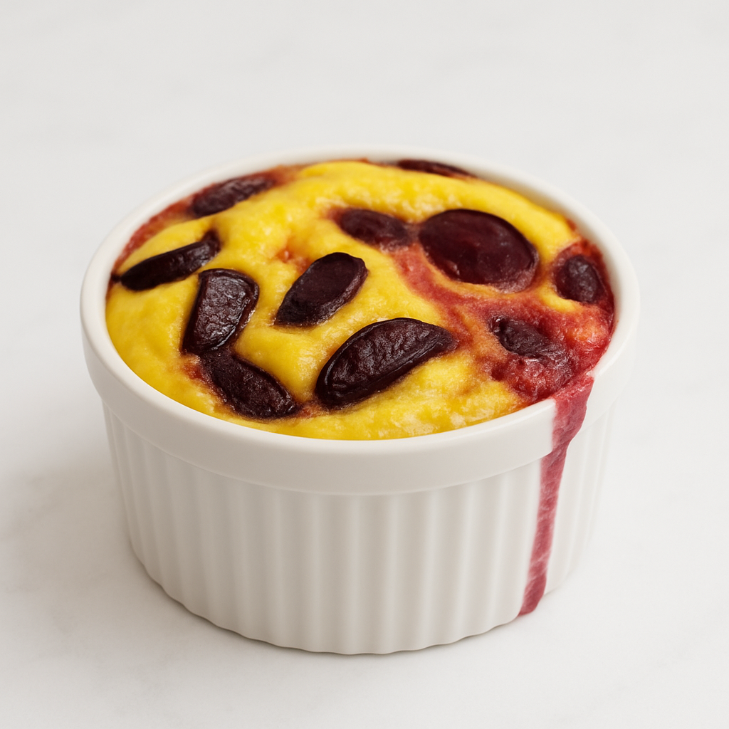 A breakfast souffle studded with cherries is shown in a ramekin.