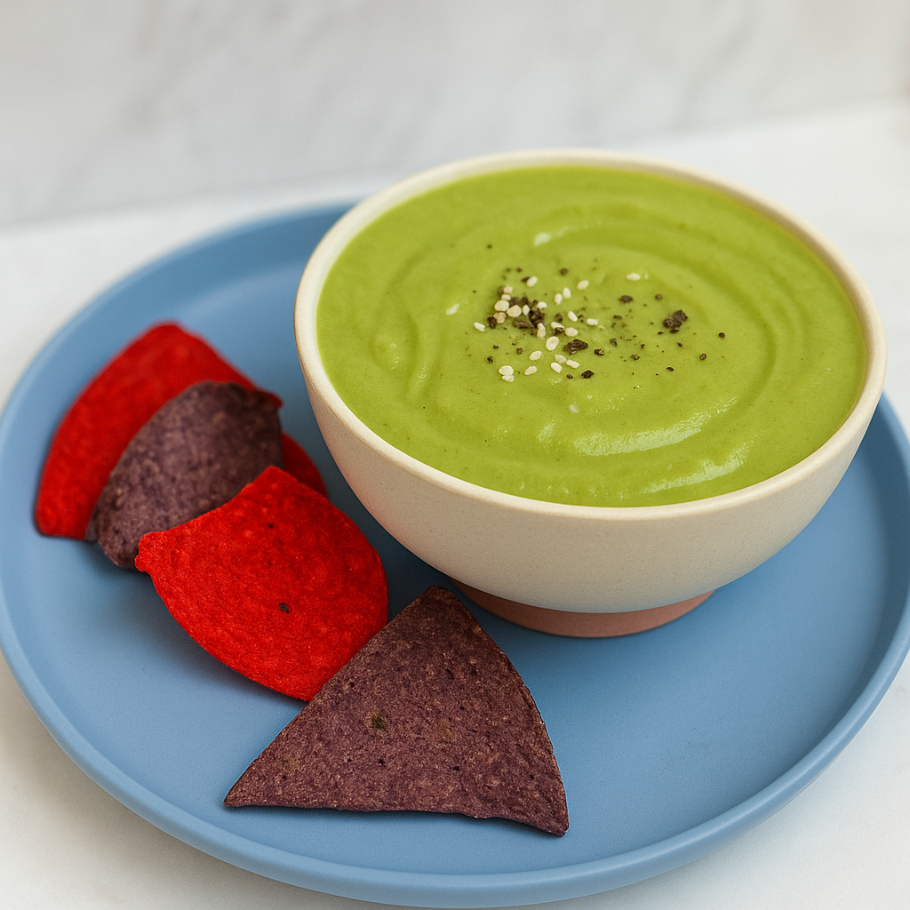 A bowl of pea soup is sided with red and blue tortilla chips.