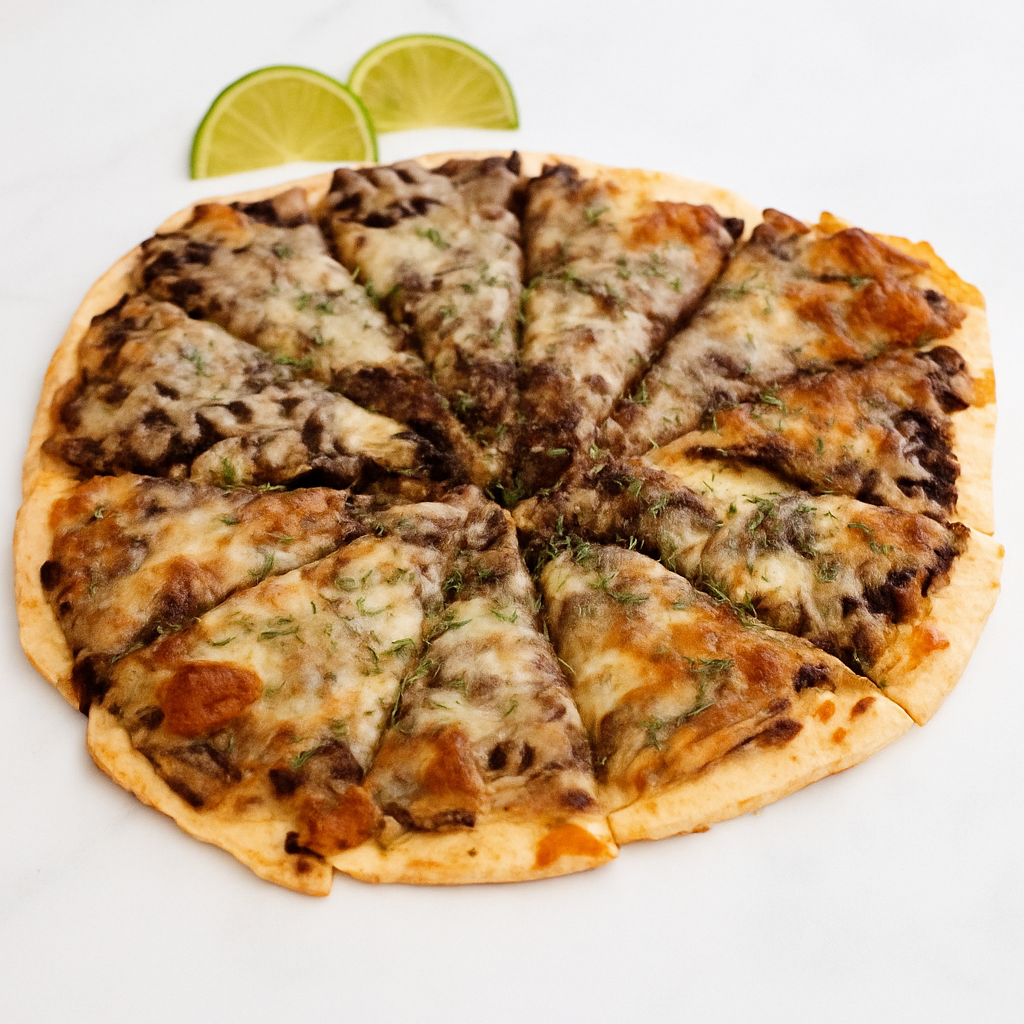 A whole pizza for toddlers is displayed, with a black bean sauce and shredded zucchini beneath the layer of cheese,