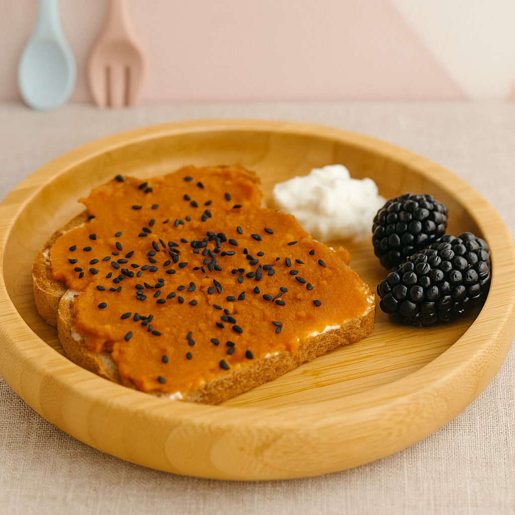 A spread of pumpkin puree, maple, orange, and ginger is shown atop cream cheese on toast.