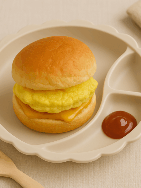 A steamed egg patty and melty cheese combine to make an ideal toddler breakfast sandwich.