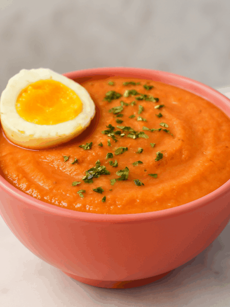 A bowl of toddler gazpacho is topped with parsley flakes and a hard-boiled egg.