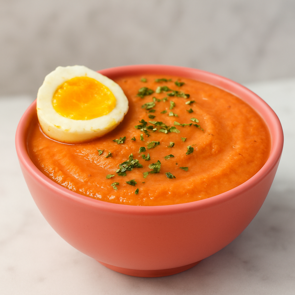 A bowl of toddler gazpacho is topped with parsley flakes and a hard-boiled egg.
