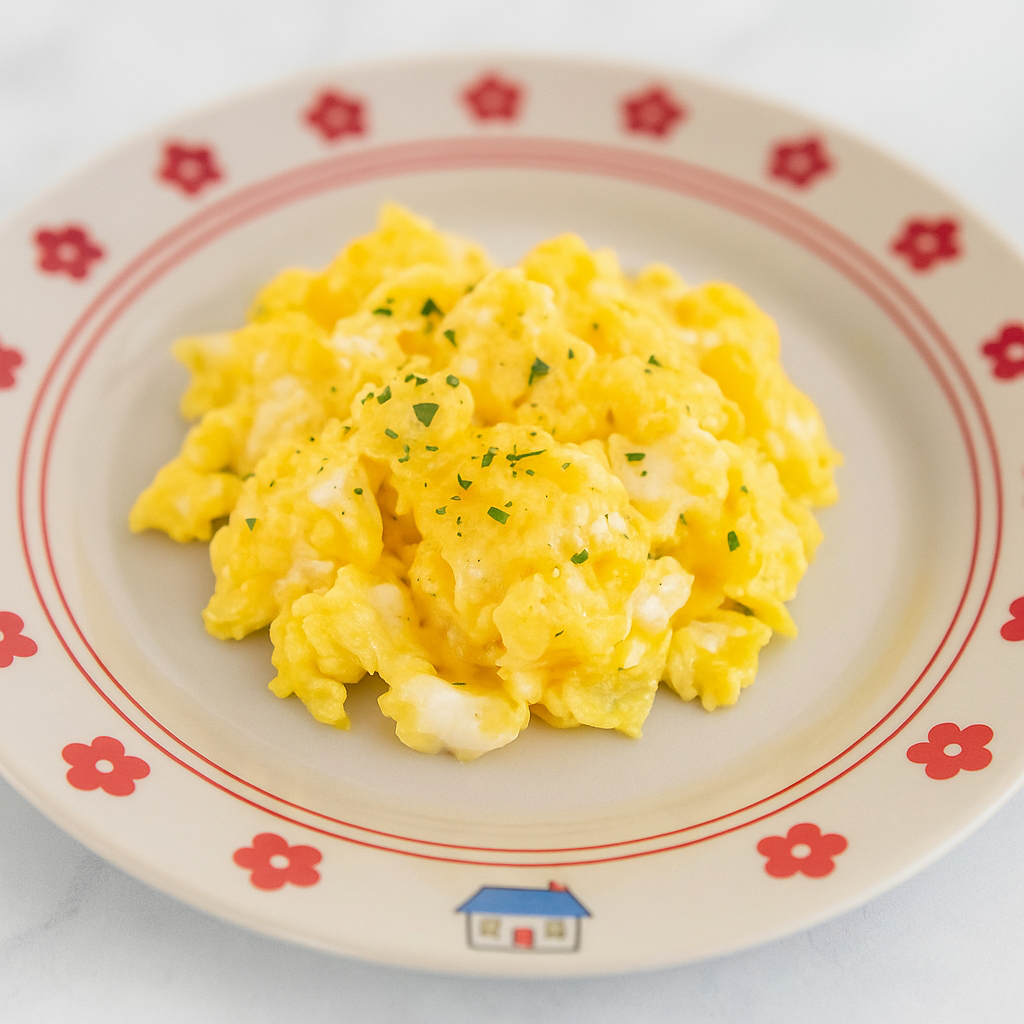 Fluffy and smooth toddler scrambled eggs are splayed out in the center of a cute plate.