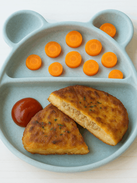 An easy toddler dinner in the form of kubba, a meat pancake crusted by potatoes. Two slices of the sandwich are shown with carrot coins.