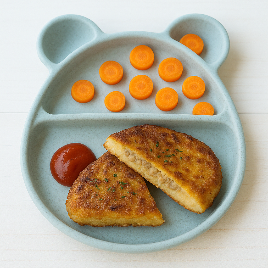An easy toddler dinner in the form of kubba, a meat pancake crusted by potatoes. Two slices of the sandwich are shown with carrot coins.