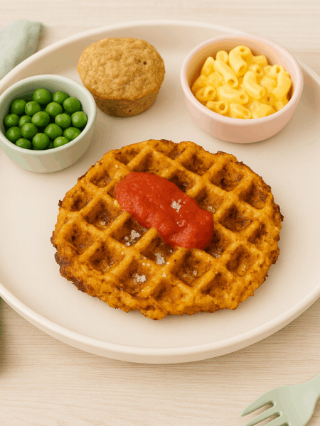 Chicken parmesan waffle, cooked in a waffle maker and topped with tomato sauce.