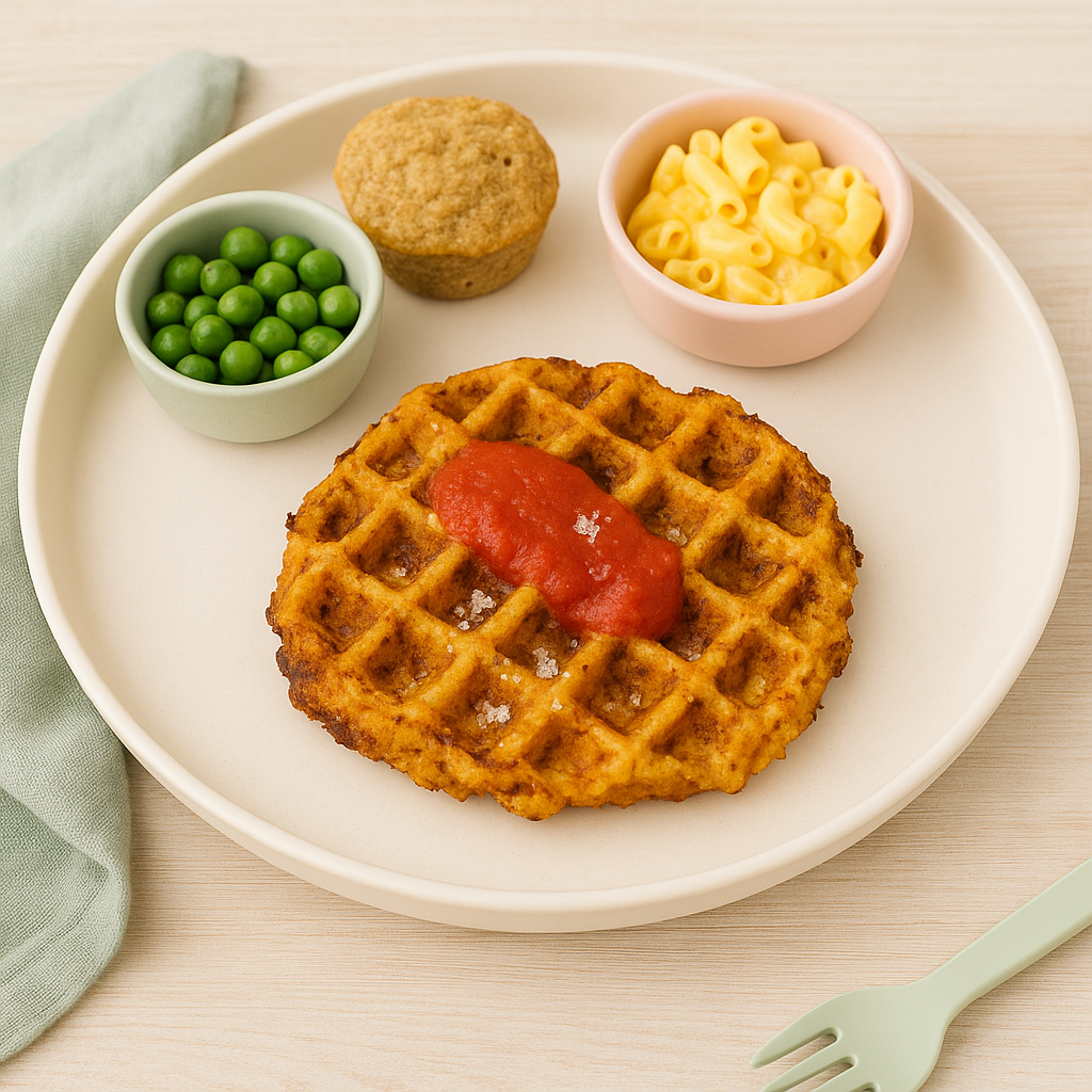 Chicken parmesan waffle, cooked in a waffle maker and topped with tomato sauce.