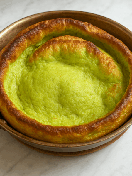 A broccoli infused dutch baby pancake is shown still in pan.