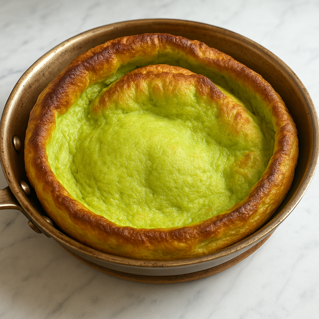 A broccoli infused dutch baby pancake is shown still in pan.