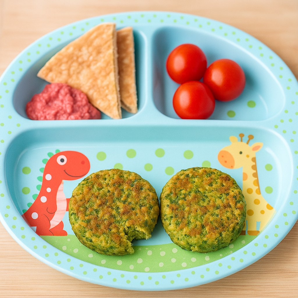 Two patties of falafel for toddlers are shown on a plate, sided by pita and tomatoes.