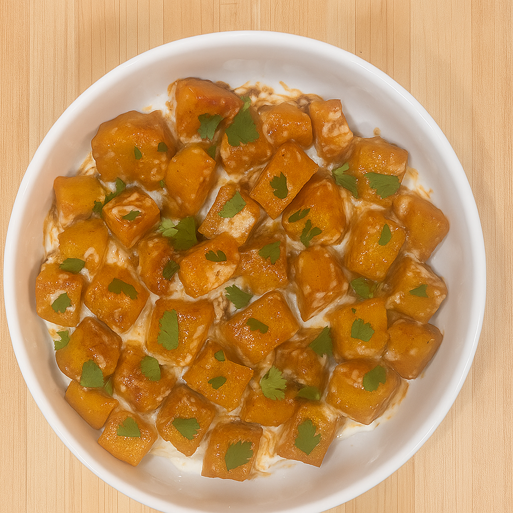 A bowl full of toddler roasted squash, topped with a mint yogurt sauce and a seasoned tomato puree.