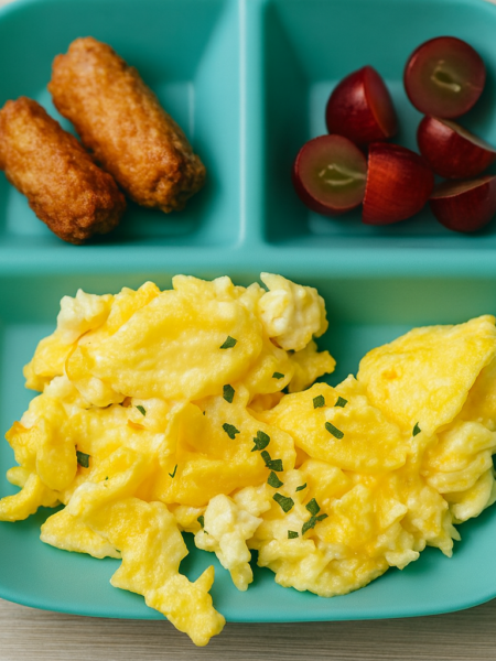 Fluffy scrambled eggs are plated with fruit and sausage links.
