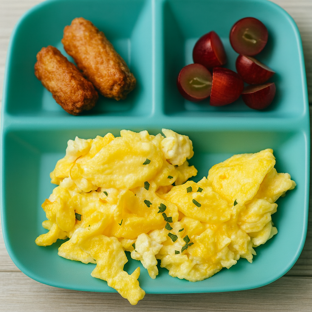 Fluffy scrambled eggs are plated with fruit and sausage links.