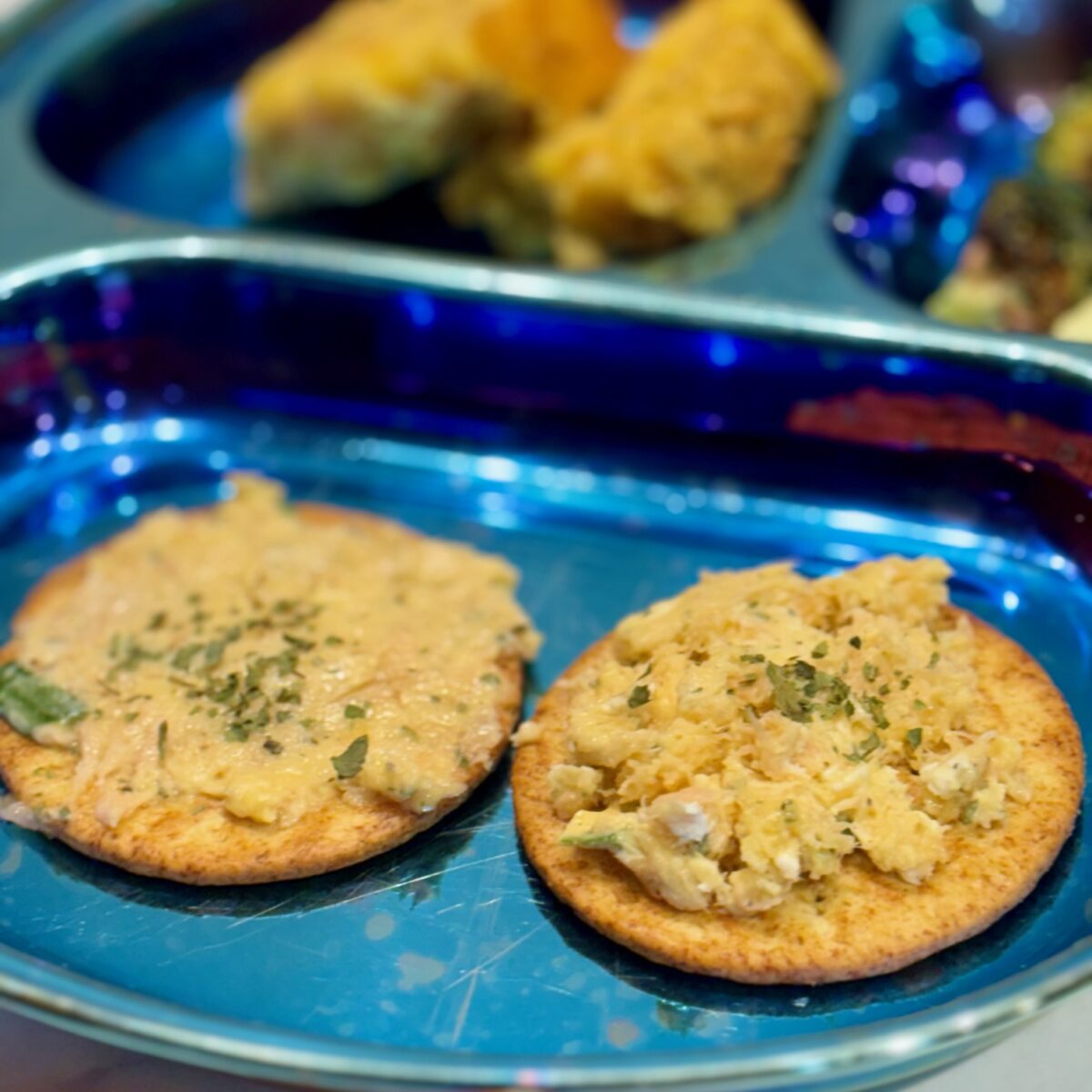 Two crackers with a spread of salmon rillettes front a toddler dinner plate.