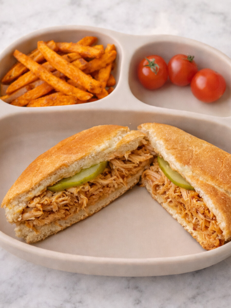 A barbecue chicken sandwich for toddlers is shown halved, with a pickle wedged inside; other compartments on the plate show sweet potato fries and tomatoes.