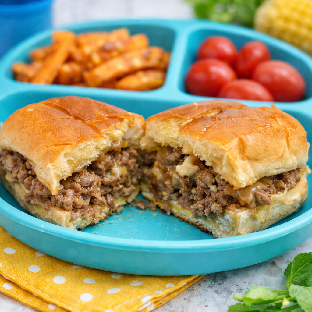 A chopped cheese sandwich, somewhat like a toddler cheeseburger, is shown split in half and served on a child's plate, with fries and tomatoes on the side.