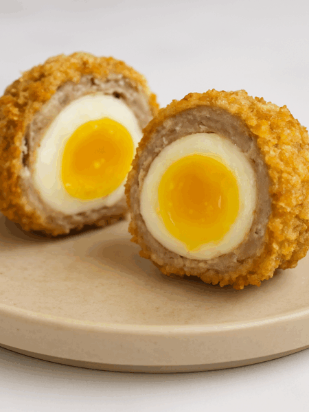 A scotch egg for toddlers is shown halved to reveal the layers of egg, pork sausage, and breading.