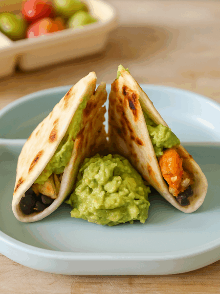Two halves of a taco filled with plantains, avocado, and mashed black beans are shown standing up on a plate.