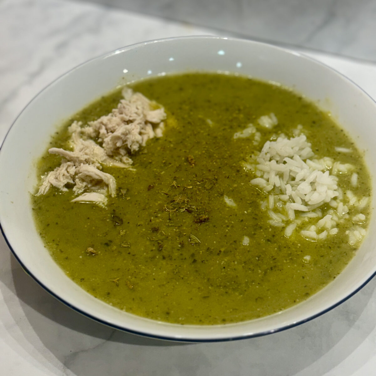 A bowl of jocon, the base made from leftover pumpkin seeds, is topped with shredded chicken and rice.