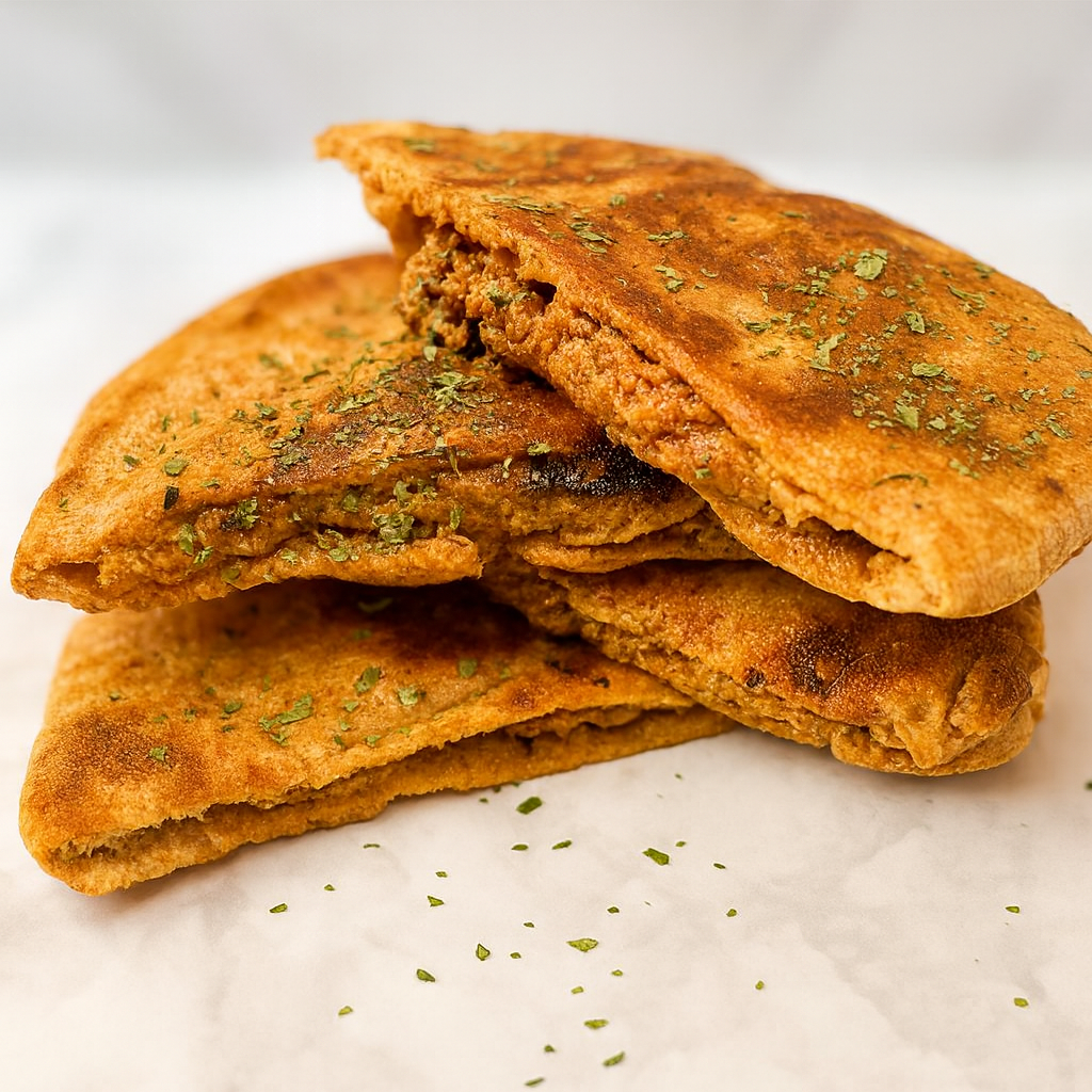 A stack of toddler pita pockets, adapted from a middle eastern dish (hawawshi) known as the "arabic hamburger," shows toasted pita stuffed with a ground beef and vegetable mixture.