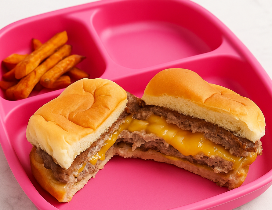 A toddler cheeseburger done in the style of a Juicy Lucy, shown on a plate with sweet potato fries.