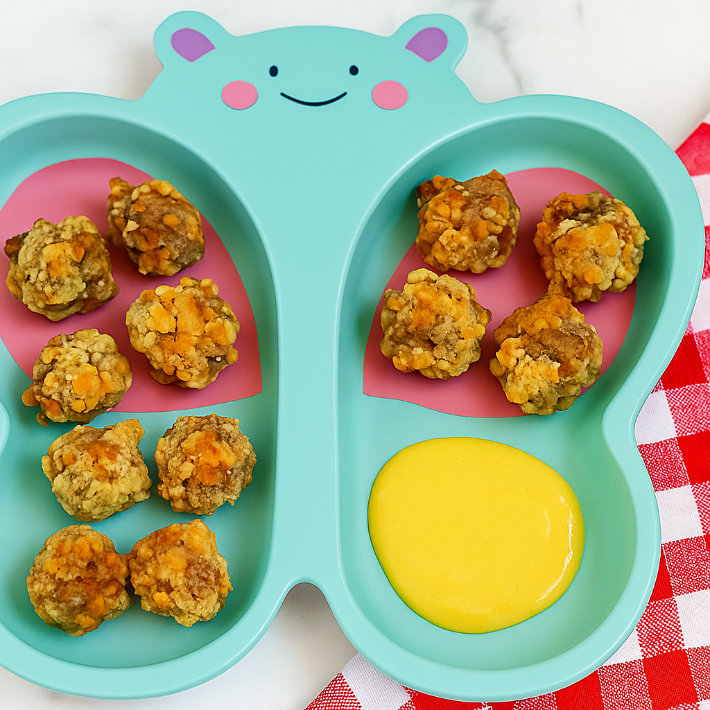 Toddler sausage balls, sided by a pool of honey mustard dipping sauce.