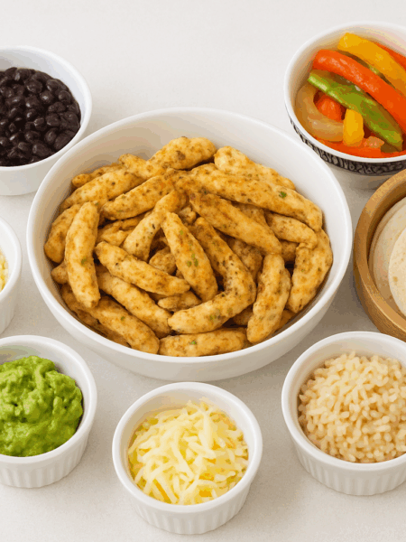 A spread of ingredients for making fajitas for kids is shown: chicken, black beans, peppers, guacamole, cheese, tortillas, and more.