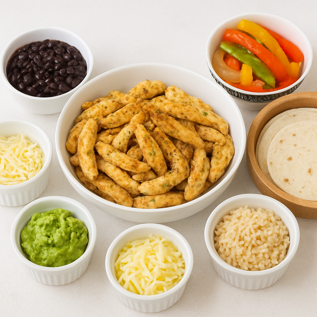A spread of ingredients for making fajitas for kids is shown: chicken, black beans, peppers, guacamole, cheese, tortillas, and more.