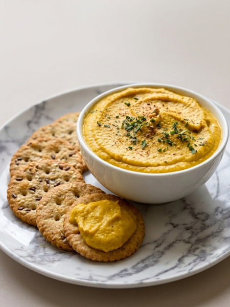 A bowl of roasted carrot dip for kids is shown topped with a sprinkling of parsley and sided with crackers fo rdipping.