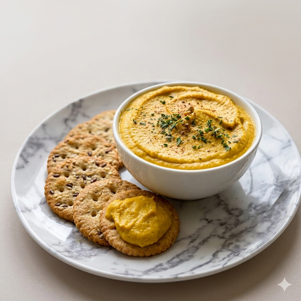A bowl of roasted carrot dip for kids is shown topped with a sprinkling of parsley and sided with crackers fo rdipping.