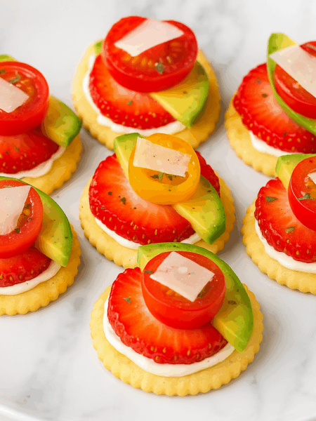 A toddler snack idea presented on a plate: a salad in canape form, with cream cheese, tomato, strawberry, and avocado.