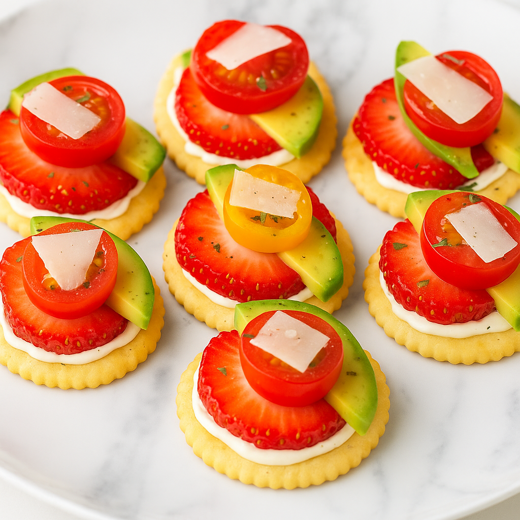 A toddler snack idea presented on a plate: a salad in canape form, with cream cheese, tomato, strawberry, and avocado.