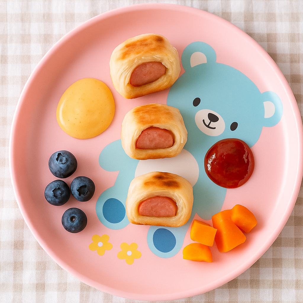Pigs in the blanket for toddlers features hot dog bits wrapped in mayo and mustard slicked puff pastry.