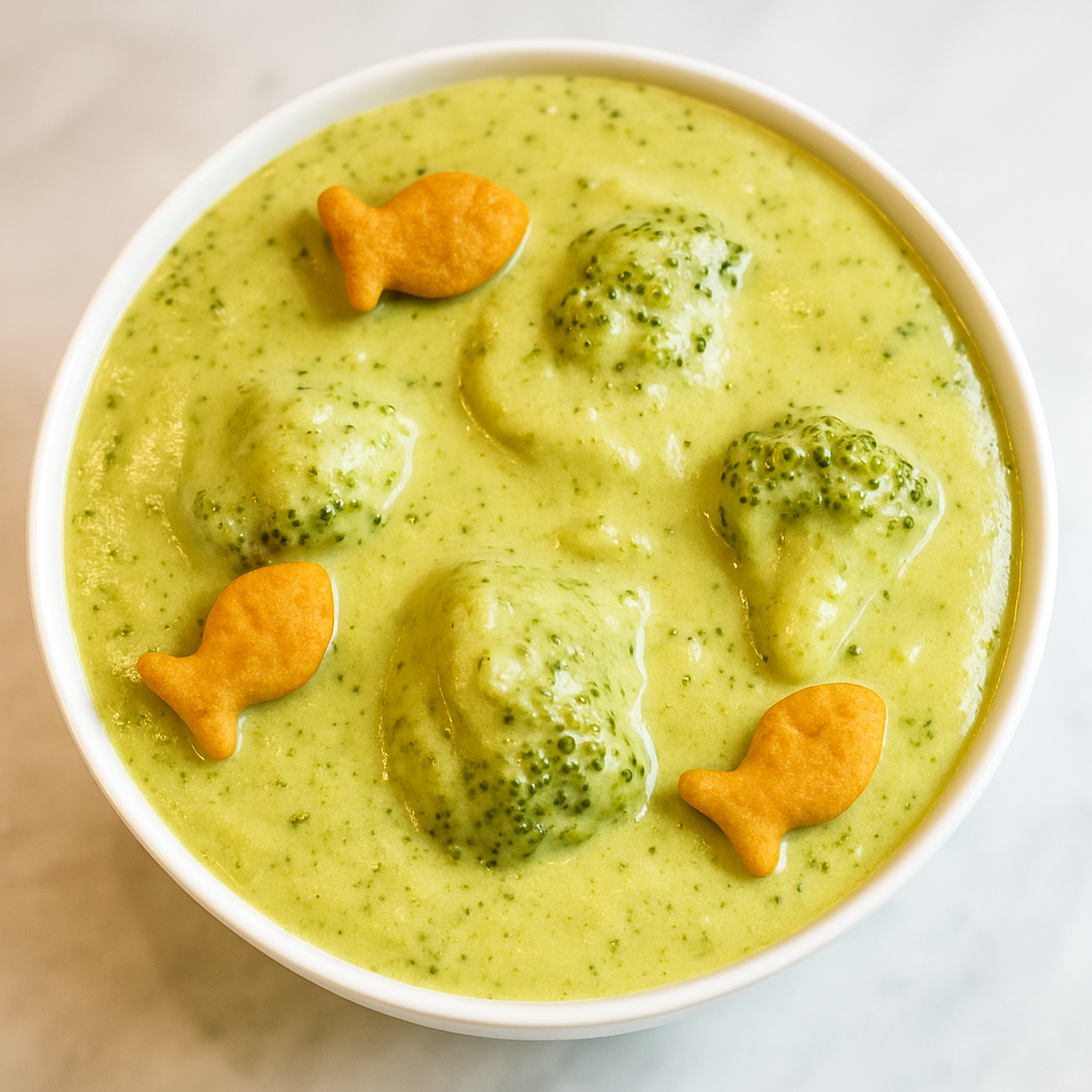 A bowl of broccoli cheddar soup, topped with Goldfish, is shown.