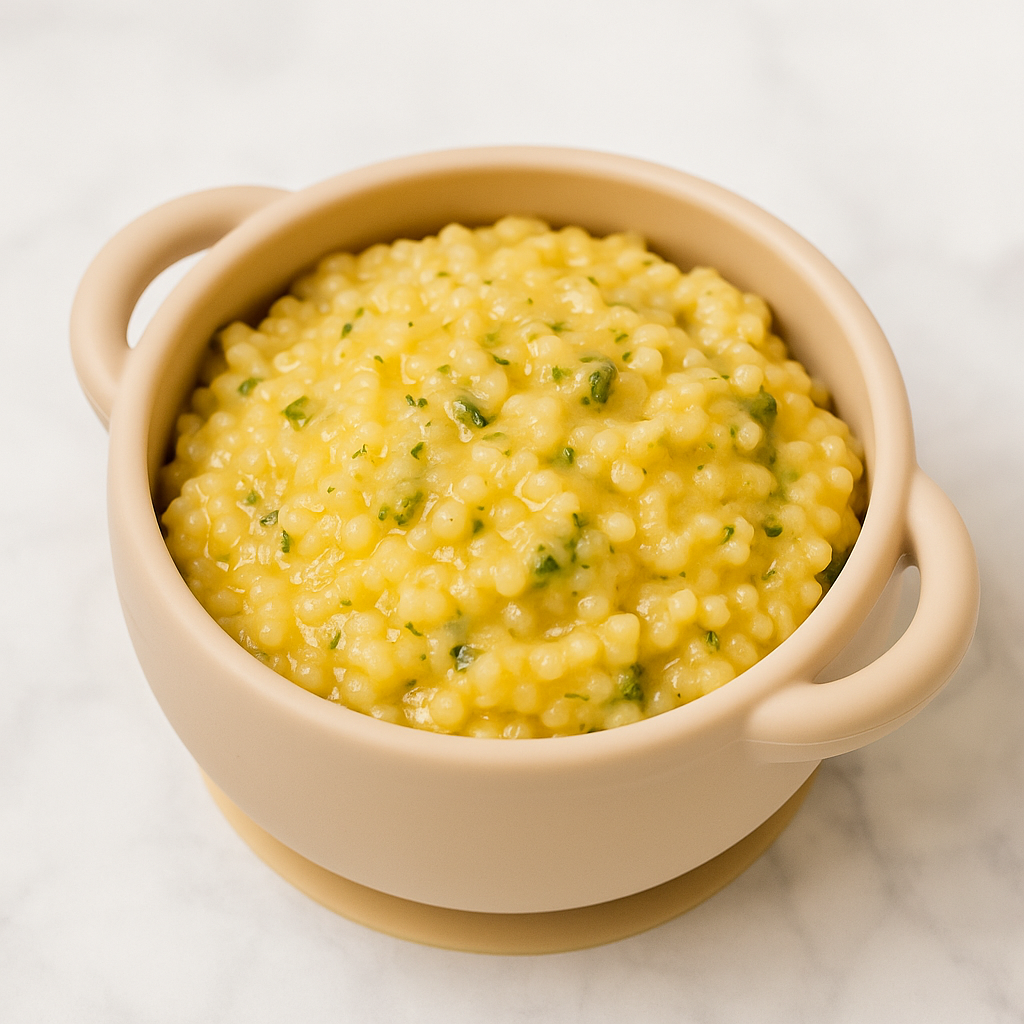 Pastina, here flavored with broccoli and cheddar, as served in a toddler bowl.