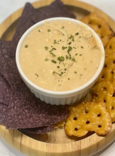 Queso dip for kids, shown presented in a ramekin and sided by tortilla chips and pretzel crackers.